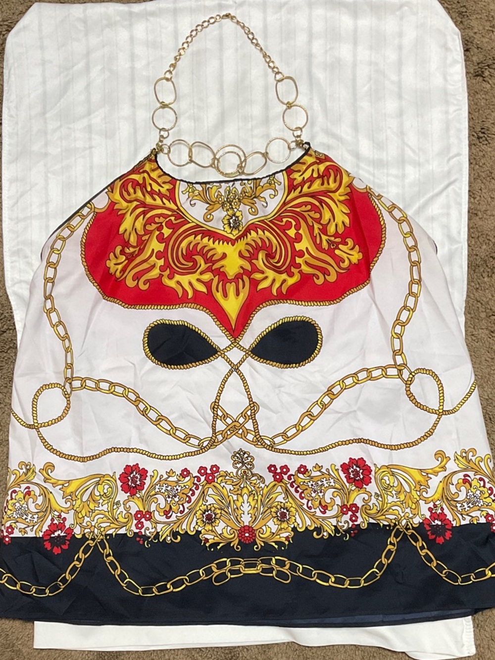 Women’s White Red & Black Print with Gold Chain Halter Camisole